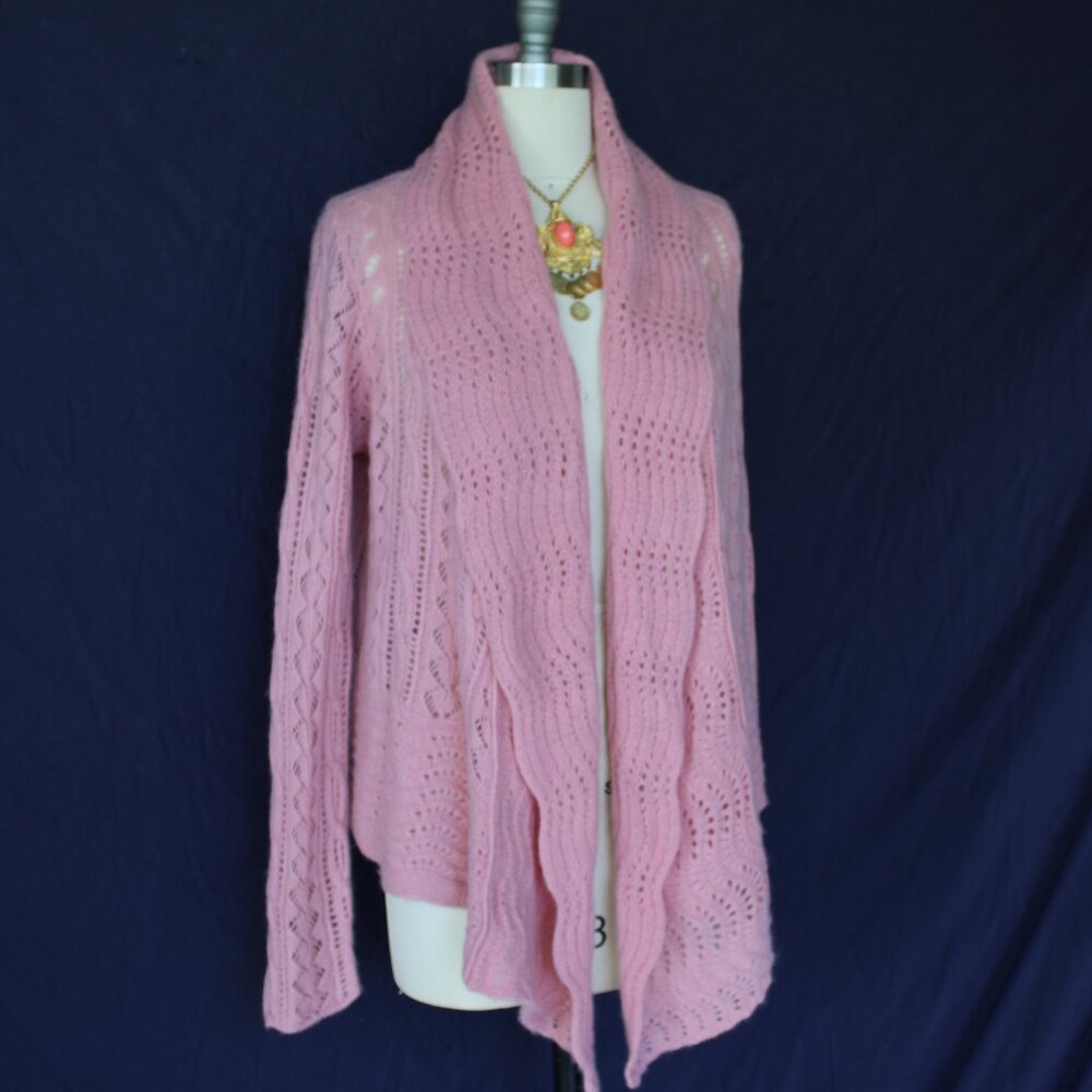 Calypso St Barth Cashmere Cardigan sweater waterfall pink crochet macreme nude M - Picture 4 of 9